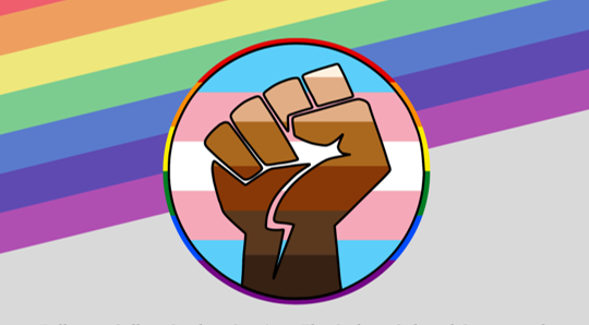 POC fist on trans colored flag with rainbow in background