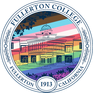 progressive pride flag colors over the fullerton college official seal