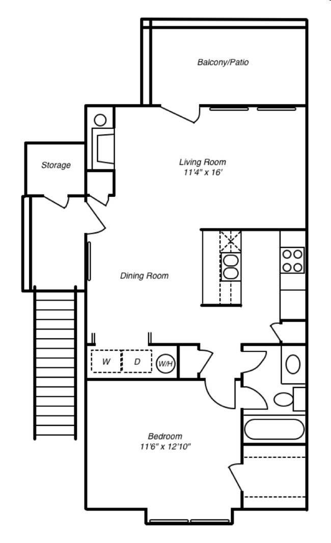 Floor plan, living room 11ft 4 in x 16ft, bedroom 11ft 6 in by 12ft 10 in
